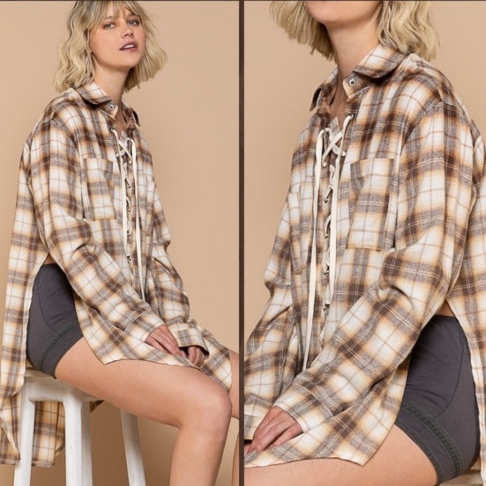 973. POL Plaid Lace-Up Shirt Tunic, western boho festival - Picture 7 of 9